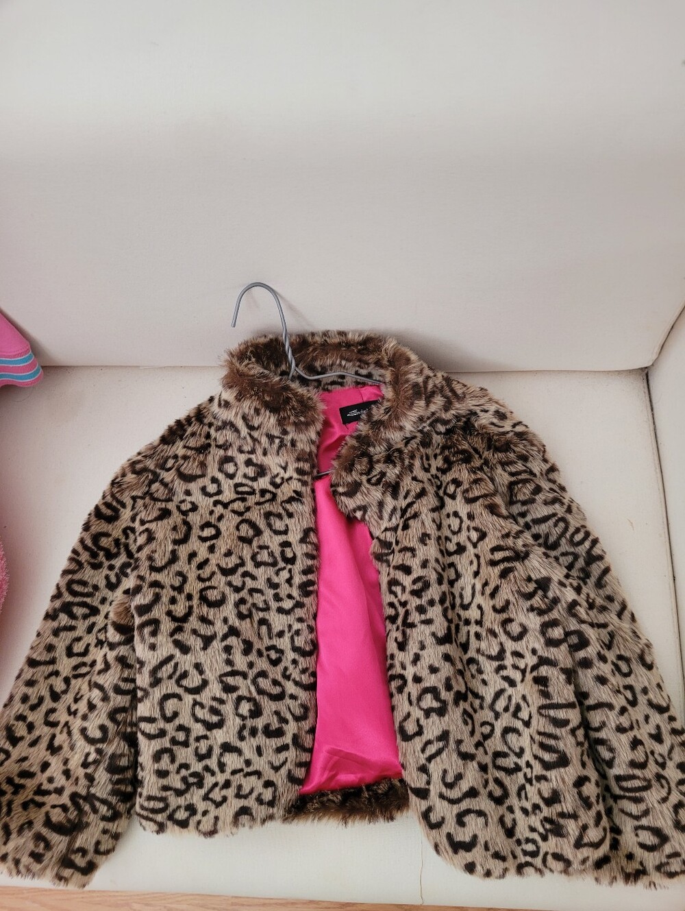Girls Leopard Faux Fur Jacket with Pink Lining